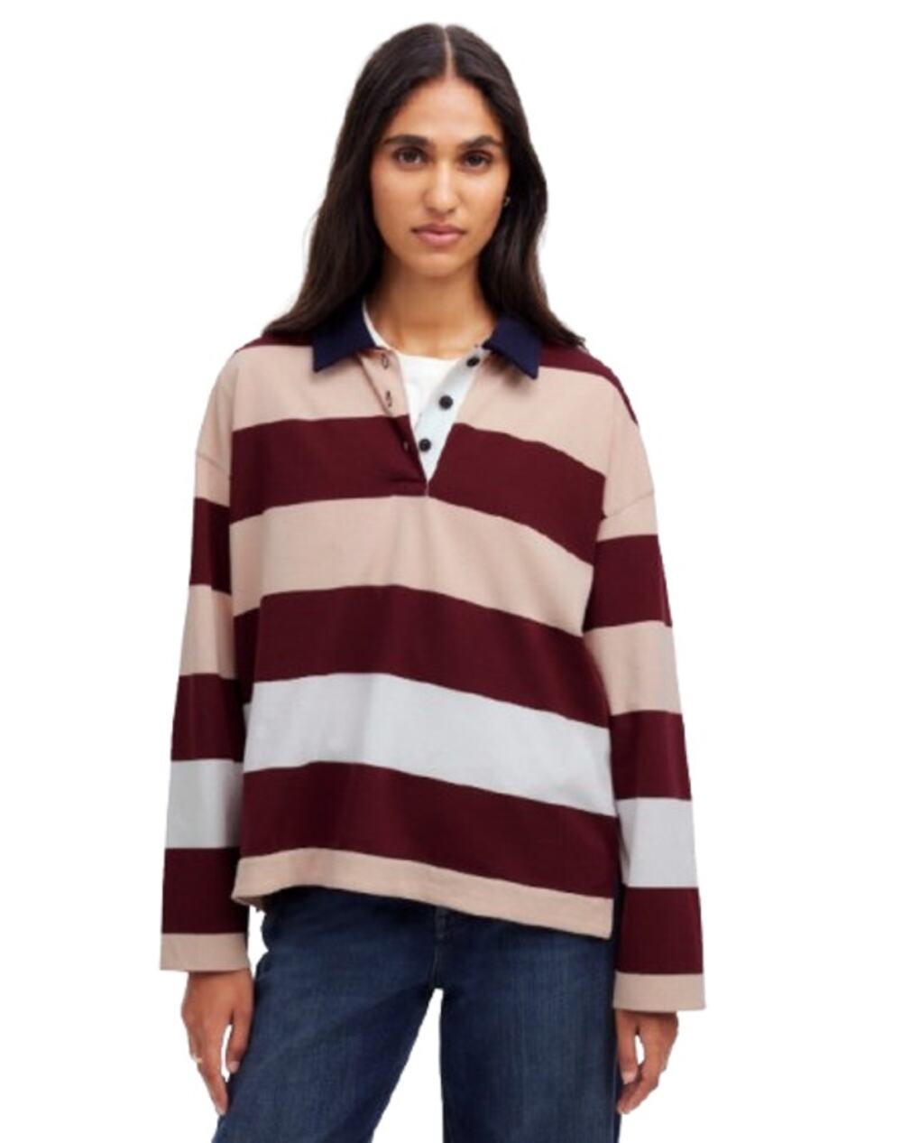 MADEWELL Women's Rugby Long-Sleeve Polo Shirt Medium Stripe Red Pink NT720 NWT